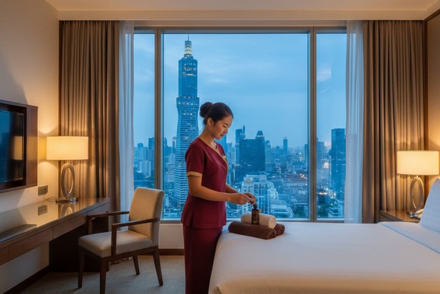 Professional massage therapist in wine-red uniform at a luxury Sathorn hotel suite with a view of the Mahanakhon building.